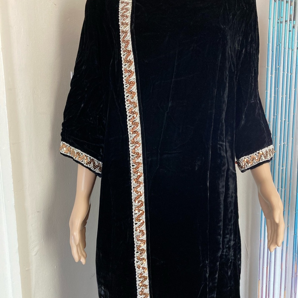 Vintage 1960s Black Velvet and Sequins Caftan Dress Size
